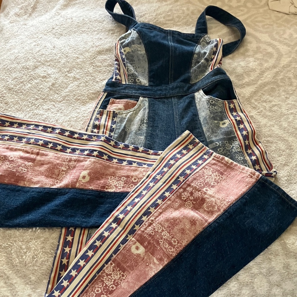 Free People Blue Patchwork Denim Overalls with Americana Panels - Picture 8 of 14